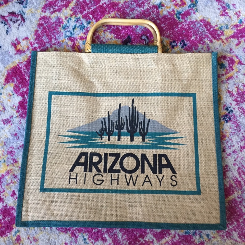 Jute Tote Bamboo Handles Arizona Hwys Boho Dessert